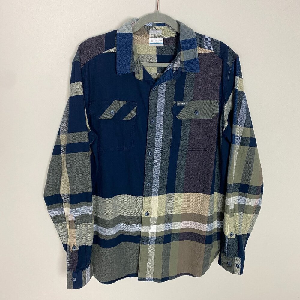 Columbia Plaid Flannel Button Up Shirt Mens Large Omni Wick‎ Regular Fit Blue